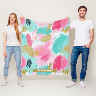 Cobertor De Velo Rosa Menta Suave Dourado Primavera Pinceladas Abst