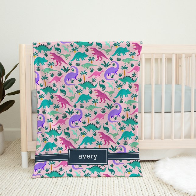 Cobertor De Velo Rosa | Nome das Crianças de Padrão de Dinossauro C (Criador carregado)