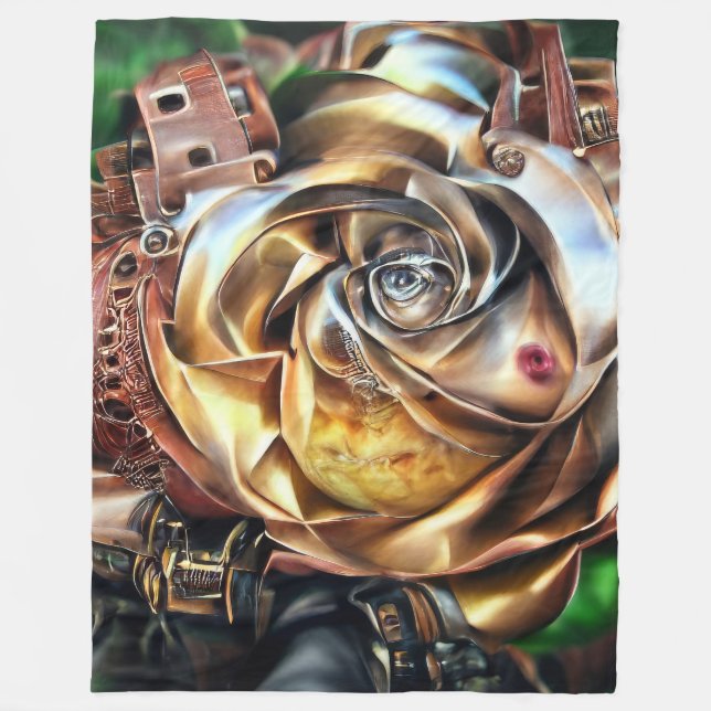 Cobertor De Velo Rosa Steampunk com Face Surreal - Flor Mecânico (Frente)