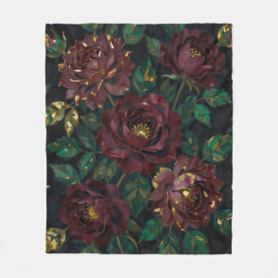 Cobertor De Velo Rosas Burgundy de Luxo Folhas Florais a Ouro