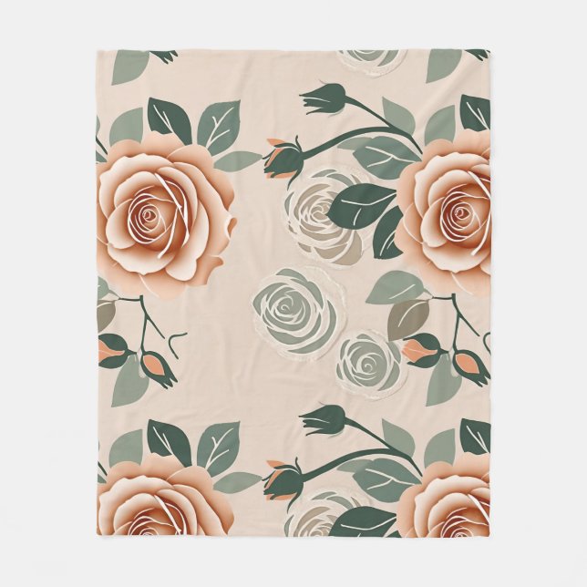 Cobertor De Velo Rosas em Estilo Boho em Laranja Pastel e Verde Sag (Frente)