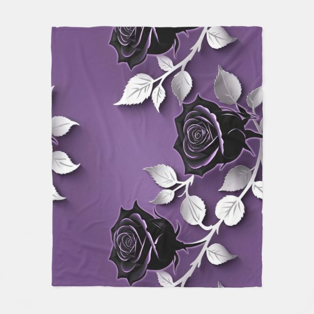 Cobertor De Velo Rosas Pretas Elegantes Com Folhas de Prata (Frente)