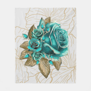 Cobertor De Velo Rosas Reais em Azul Turquesa e Dourado: Sinfonia d