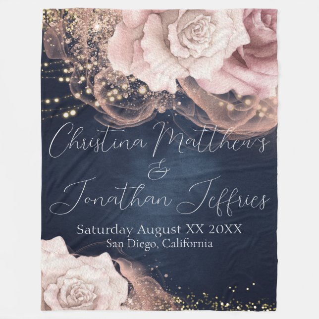 Cobertor De Velo Rosas Românticas de Casamento por Aquarela em Azul (Frente)