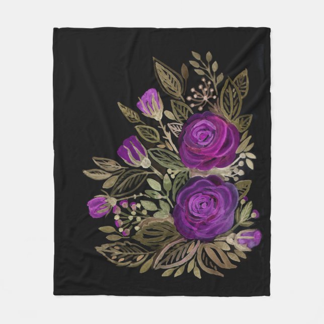 Cobertor De Velo Rosas roxas de aquarela (Frente)