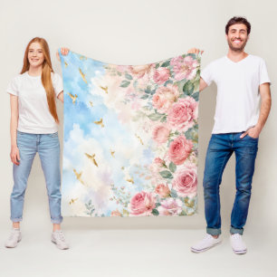 Cobertor De Velo Rosas Sonhadoras em Aquarela e Pássaros Dourados A