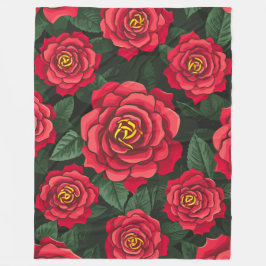 Cobertor De Velo Rosas vermelhas Elegantes com padrão de folhas ver