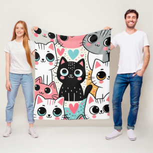 Cobertor De Velo Rostos de Gatos Kawaii Fofos e Corações Caprichoso