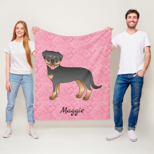 Cobertor De Velo Rottweiler Preto e Castanho em Corações Rosas e No