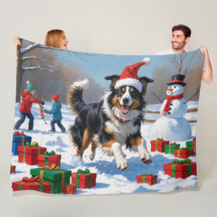 Cobertor De Velo Rough Collie Correndo na Neve com Chapéu de Natal