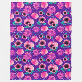 COBERTOR DE VELO ROXO COM ABÓBORAS E GIRASSÓIS ROSA BRILHANTE