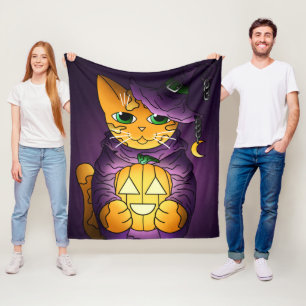 Cobertor De Velo Roxo Halloween Bruxa Gato Fleece Blanket