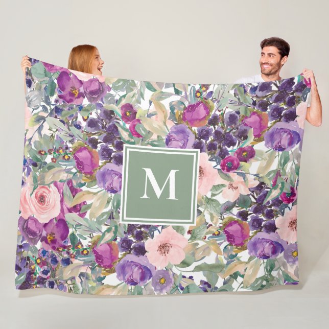 Cobertor De Velo Roxo Rosa Verde Sage Flores Boho Monograma (In Situ)