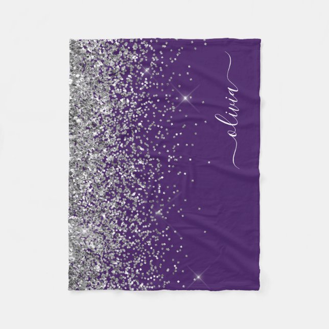 Cobertor De Velo Roxo Silver Glitter Girly Monographic Nome (Frente)