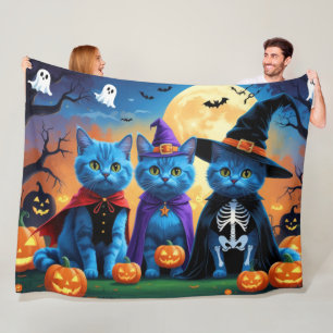 Cobertor De Velo Russo Blue Cats Pumpkin Halloween Engraçado