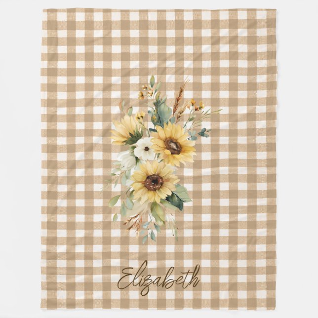 Cobertor De Velo Rustic Fall Sunflower Brown Gingham Personalizado (Frente)