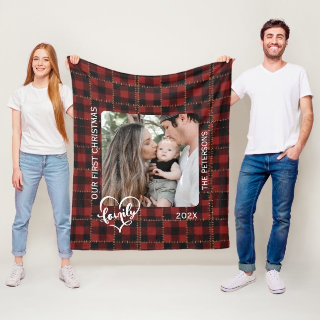 Cobertor De Velo Rustic Red Buffalo Plaid First Christmas Family (In Situ)
