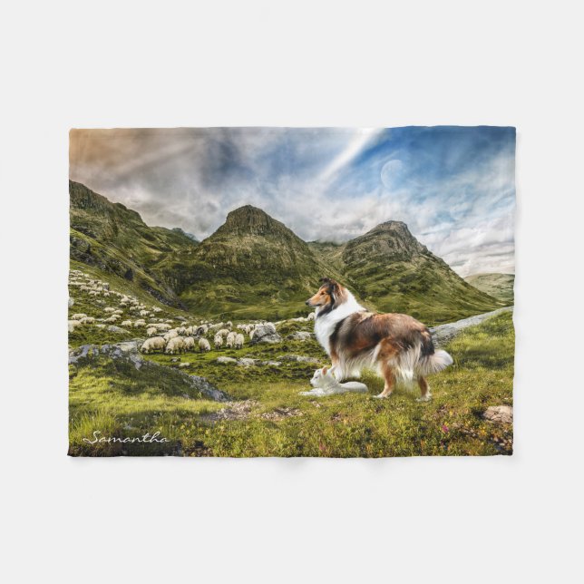 Cobertor De Velo Sable Rough Collie Herding Sheep - Personalizado (Frente (Horizontal))