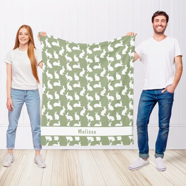 Cobertor De Velo Sage Green And White Bunny Pattern And Name Easter (Criador carregado)