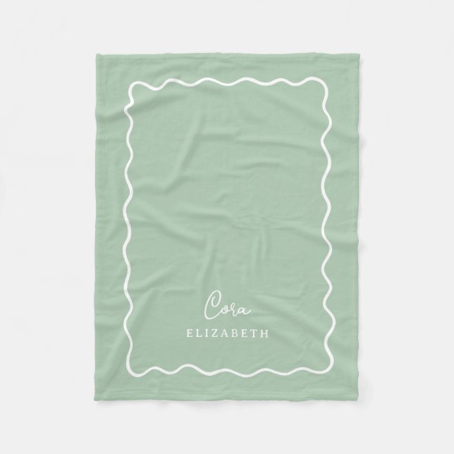 Cobertor De Velo Sage Green Wavy Border Monogrammed (Frente)