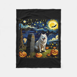 Cobertor De Velo Samoyed Assustador de Halloween Noite Estrelada