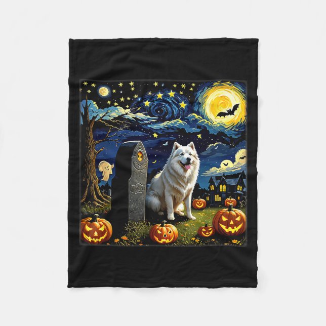 Cobertor De Velo Samoyed Assustador de Halloween Noite Estrelada (Frente)