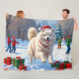 Cobertor De Velo Samoyed Correndo na Neve com Chapéu de Natal