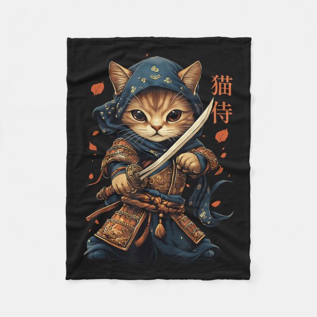 Cobertor De Velo Samurai Cat Tattoo Kawaii Ninja Cat W (Frente)