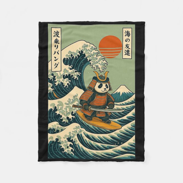 Cobertor De Velo Samurai Panda Surfando Onda Japonesa  (Frente)