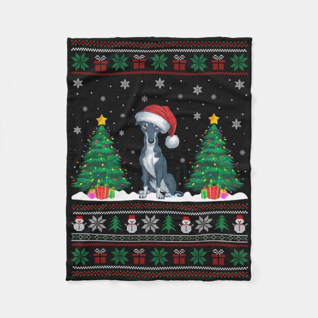 Cobertor De Velo Santa Hat Greyhound Cachorro Árvore de Natal Luzes (Frente)