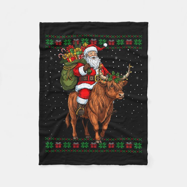 Cobertor De Velo Santa Riding Highland Cow Ugly Christmas Sweater  (Frente)