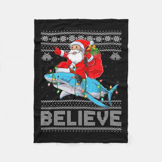 Cobertor De Velo Santa Riding Shark Ugly Christmas Sweater Believe  (Frente)