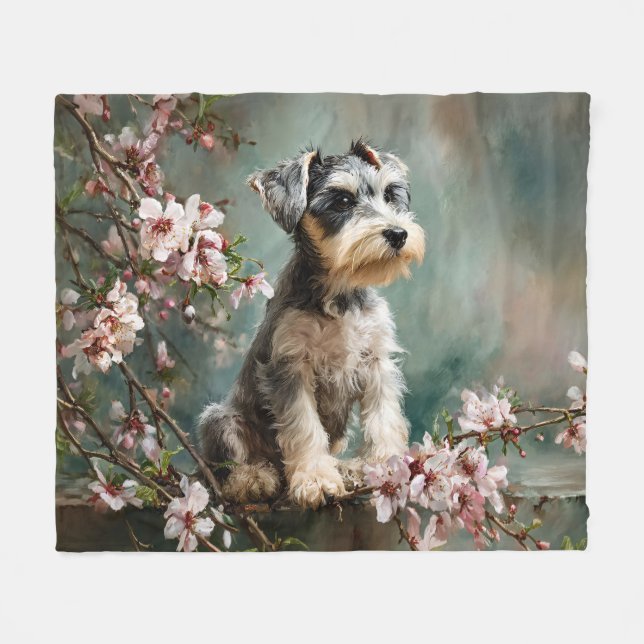 Cobertor De Velo Schnauzer Puppy Among Spring Cherry Blossoms (Frente (Horizontal))