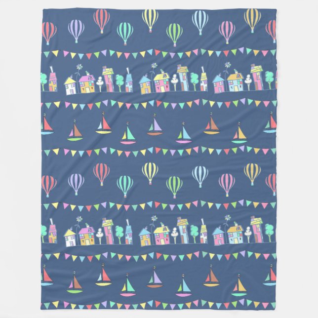 Cobertor De Velo Seaside Town Sail Boats and Bunting Pattern Blue (Frente)