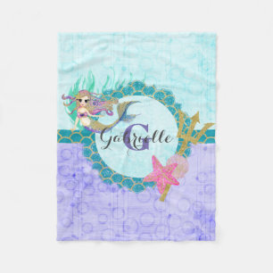 Cobertor De Velo Sereia Fofa Monograma em Aquarela Azul Turquesa e