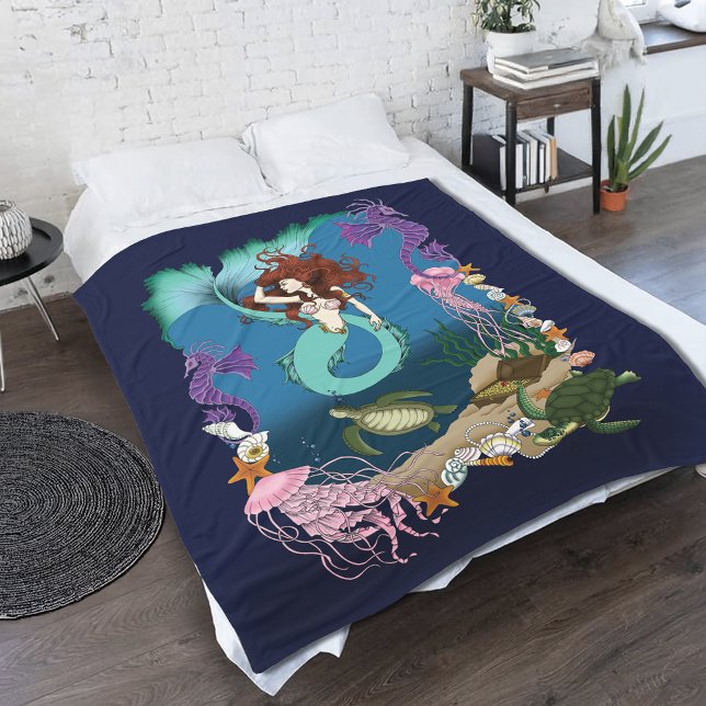Cobertor De Velo Sereia Mística Fantasia Oceânica Vida Marinha Azul (Criador carregado)