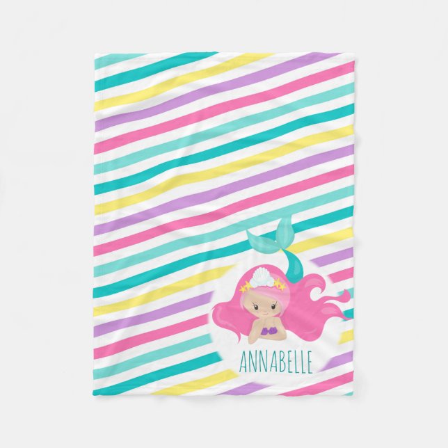 Cobertor De Velo Sereia Princesa Crianças Rosa Púrpura Tiras Azuis (Frente)