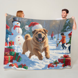 Cobertor De Velo Shar Pei Correndo na Neve com Chapéu de Natal