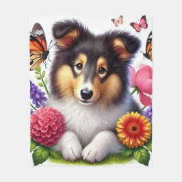Cobertor De Velo Shetland Sheepdog com Flores e Borboletas