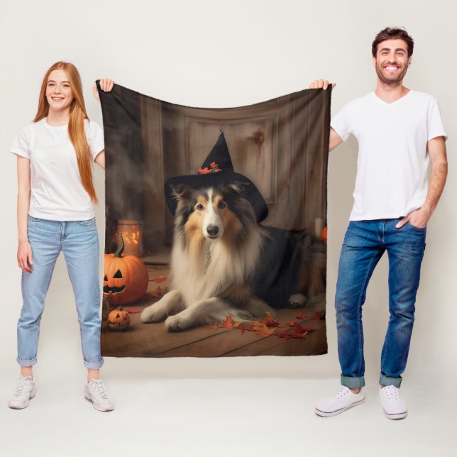 Cobertor De Velo Shetland Sheepdog Pumpkins Halloween Assustado (In Situ)