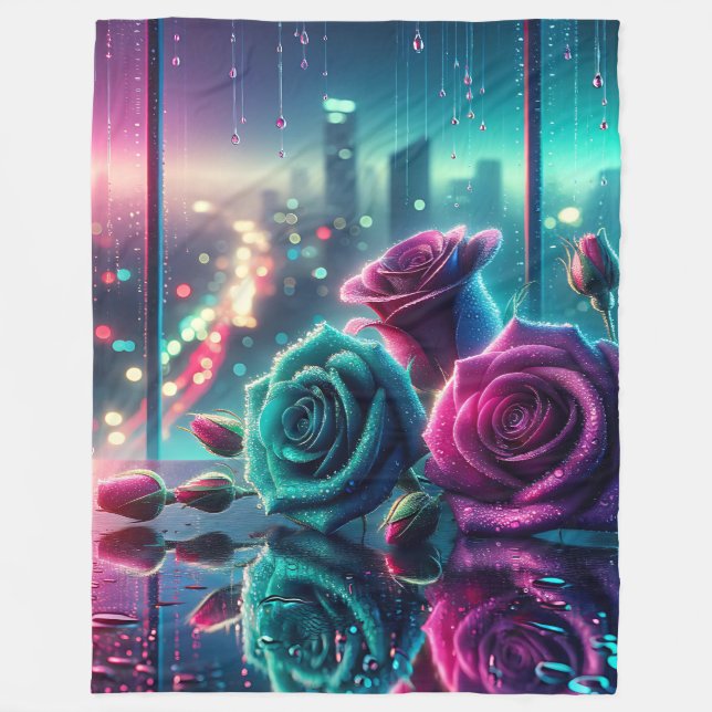 Cobertor De Velo "Shimmering Raindrop Rosa Cityscape Bokeh Art" (Frente)