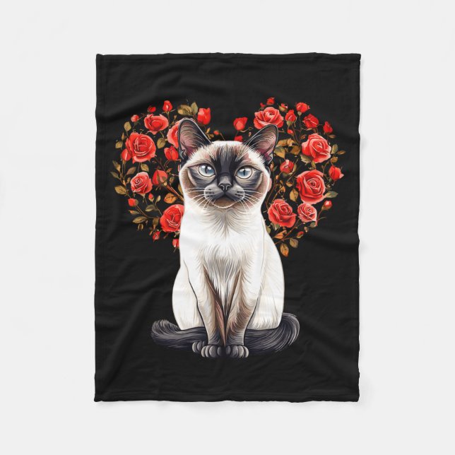 Cobertor De Velo Siamese Cat Lover Floral Heart Valentines Day  (Frente)