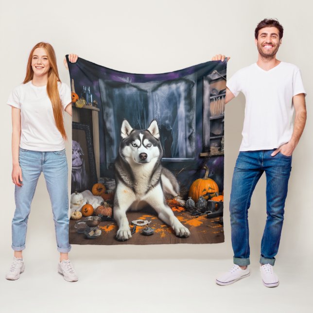 Cobertor De Velo Siberian Husky Pumpkins Halloween Scary (In Situ)