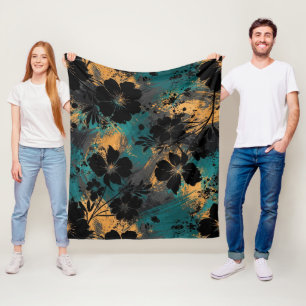 Cobertor De Velo Silhueta Floral Preta Ousada com Azul Turquesa e M