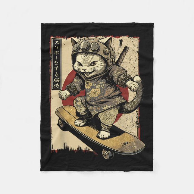 Cobertor De Velo Skateboard Samurai Cat Tattoo Kawaii Ninj (Frente)
