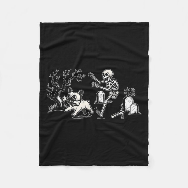 Cobertor De Velo Skeleton Chasing French Bulldog Halloween Dog Mom  (Frente)