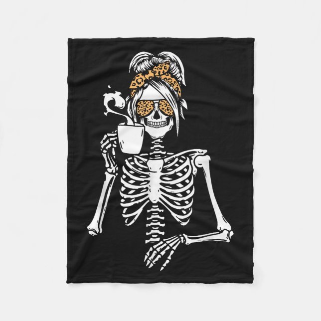 Cobertor De Velo Skeleton Messy Bun Coffee Drinking Halloween Costu (Frente)