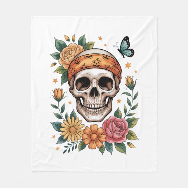 Cobertor De Velo Skull Floral Halloween Spooky (Frente)