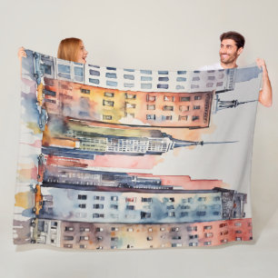 Cobertor De Velo Skyscape Urbano Pintado por Aquarelas