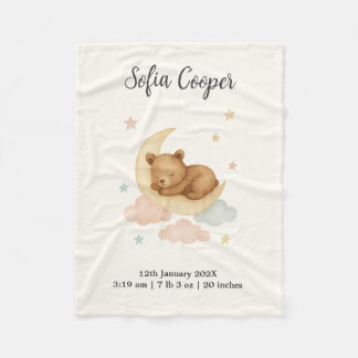 Cobertor De Velo Sleeping Bear and Moon Birth Stats Baby Blanket
